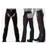 Herren Chaps Hose aus echtem Leder im Guy Fattish Style, schwarz mit rotem Paspeldesign