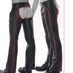 Herren Chaps Hose aus echtem Leder im Guy Fattish Style, schwarz mit rotem Paspeldesign