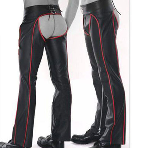 Herren Chaps Hose aus echtem Leder im Guy Fattish Style, schwarz mit rotem Paspeldesign