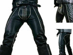 Men's Genuine Leather Gay White Piping Saddle Style Jeans Trousers Pants